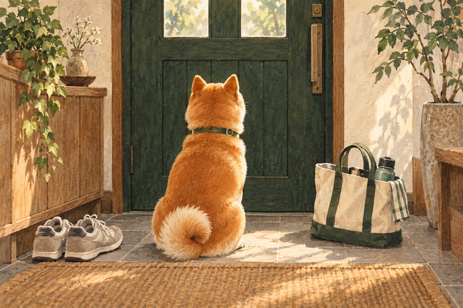 扉を閉めた玄関で、出発を待つ柴犬と散歩道具のイメージイラスト