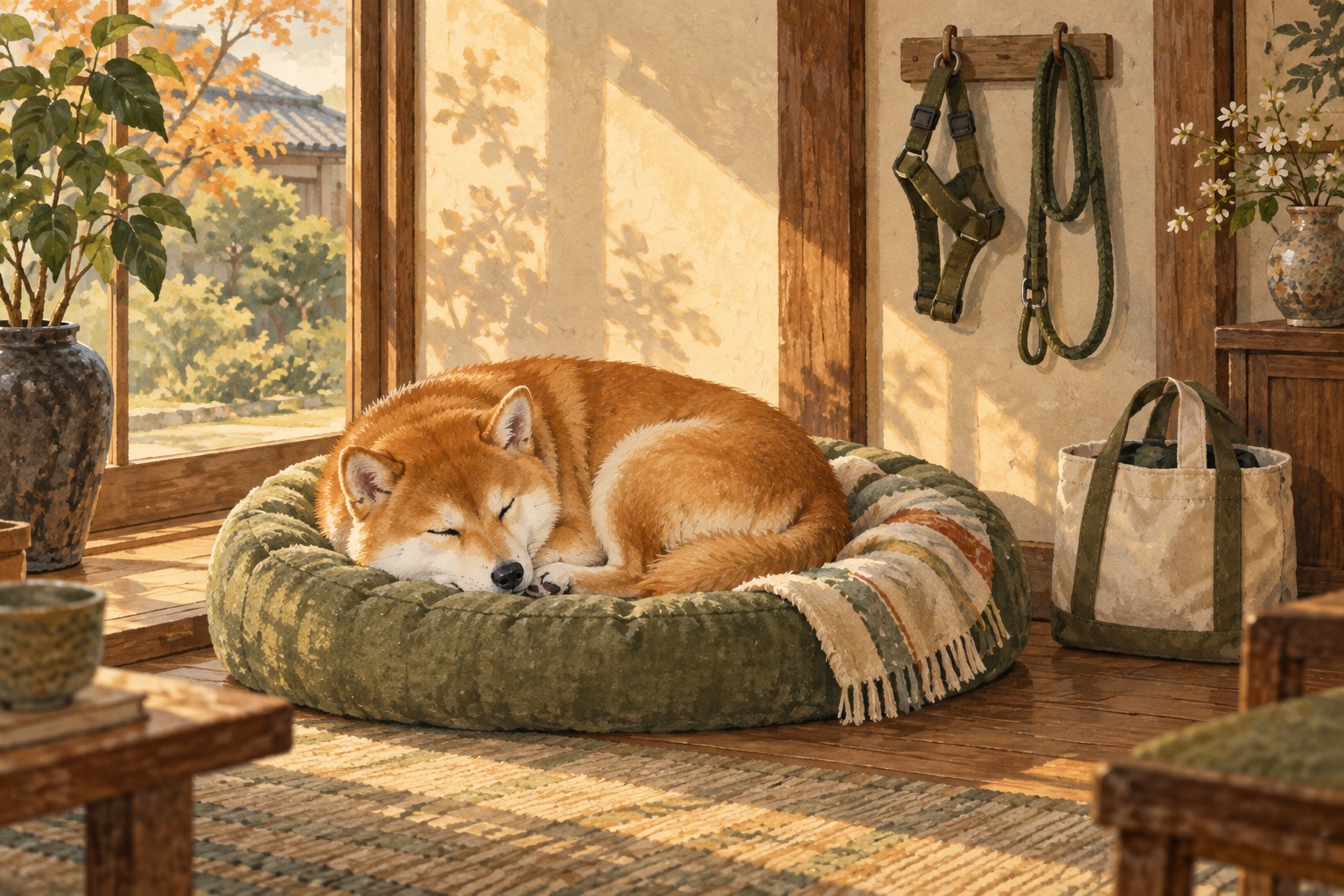 窓辺のベッドで丸くなって休む柴犬と、片づけた散歩道具のイメージイラスト