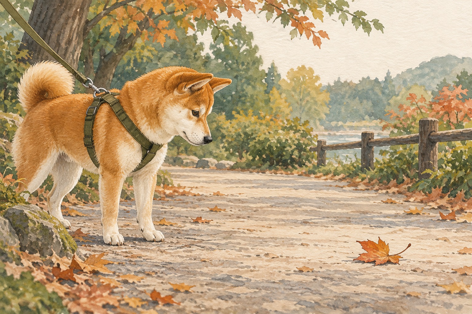 画面の右側に余白を残した、落ち葉を見つめる柴犬の横顔のイメージイラスト