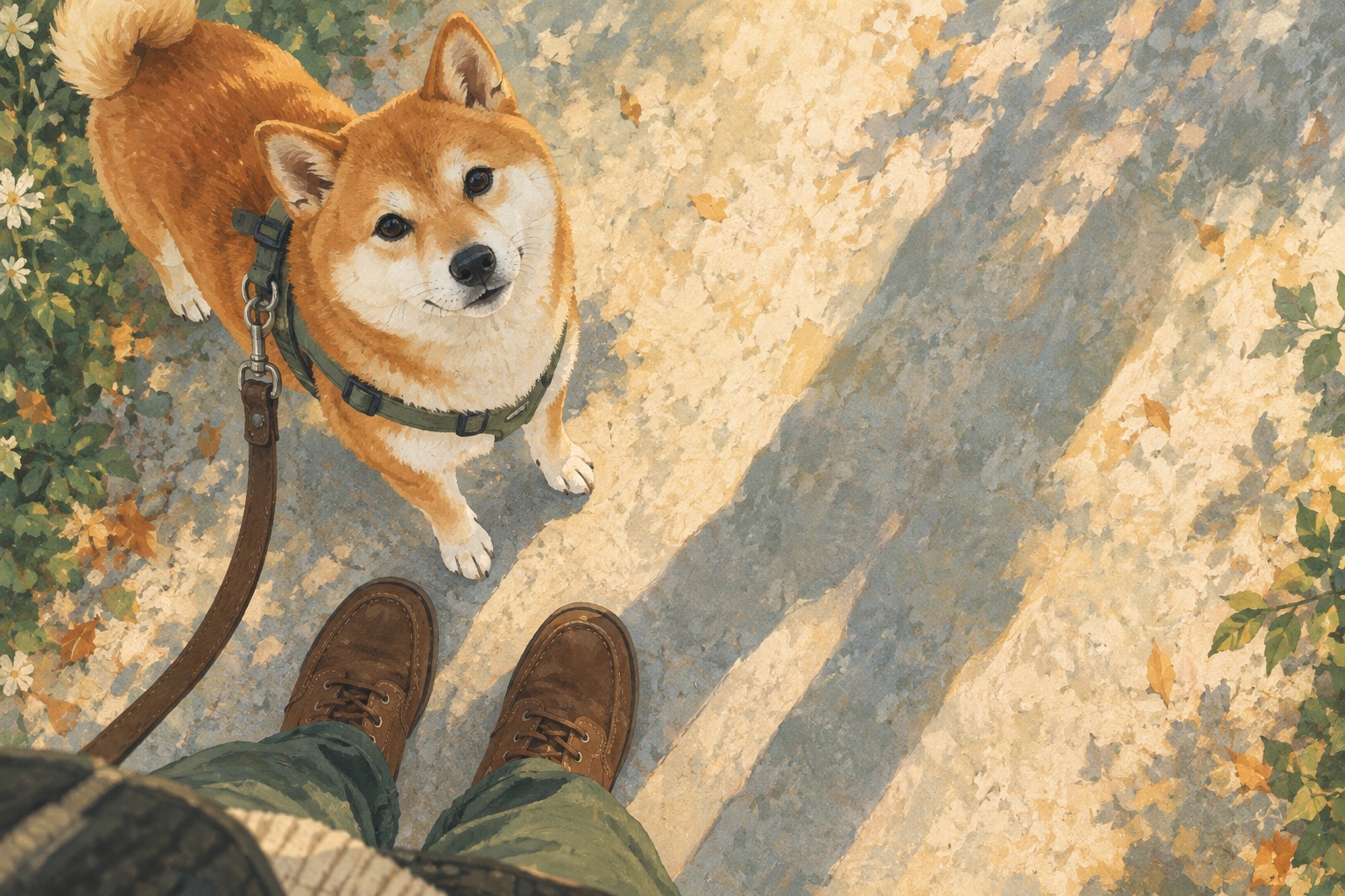 飼い主の靴と柴犬の前足、道に伸びるふたりの影のイメージイラスト
