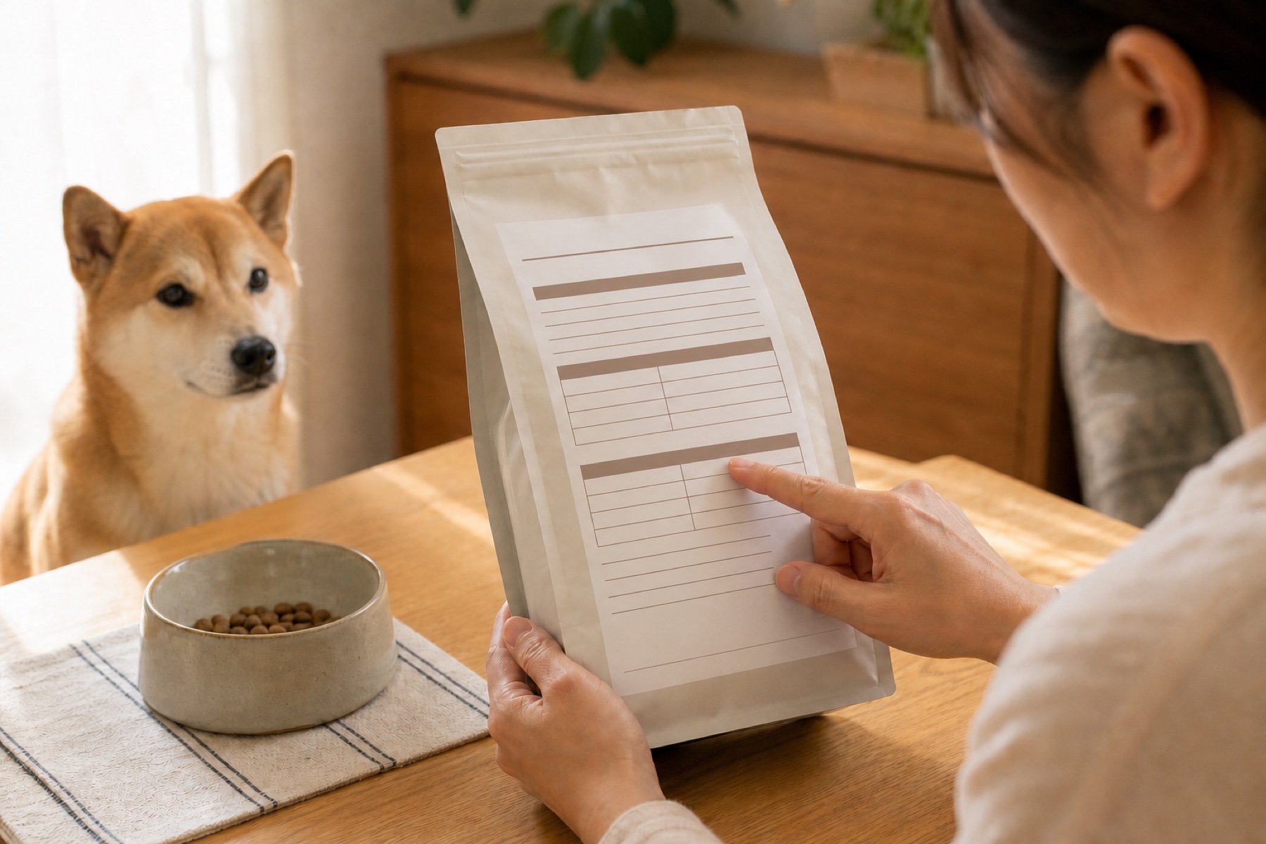 犬用フードの表示と保存方法を確認するイメージ
