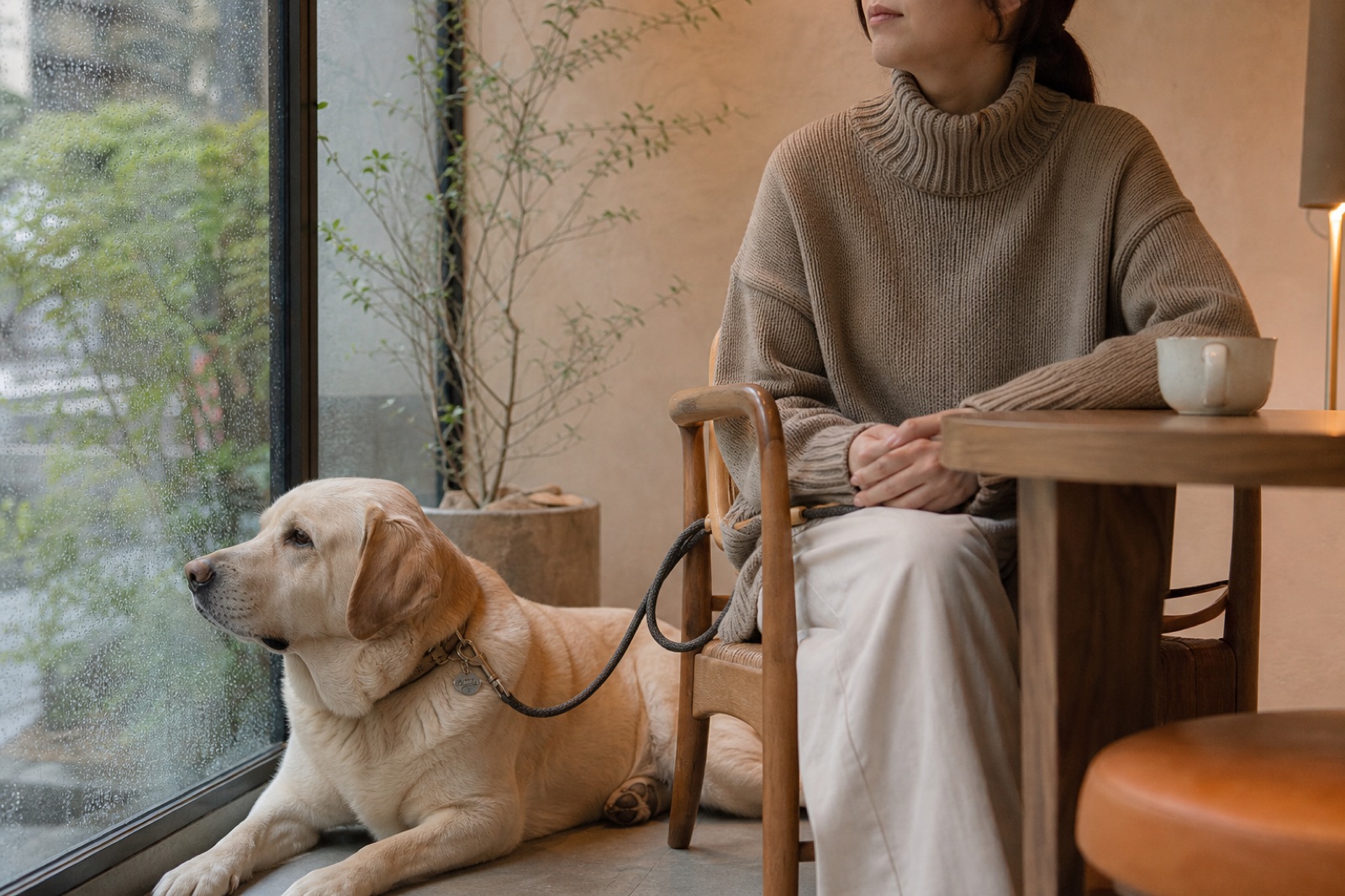 雨の日に愛犬とカフェで過ごす様子