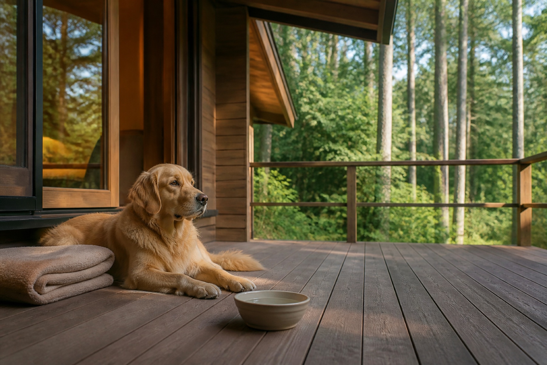 クレートの近くで落ち着いて過ごす犬